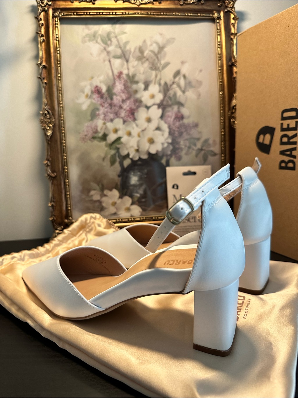 Bared Footwear White Satin Comfortable Block Heel Pointed Toe Ankle Strap Pumps — image 4 of 7